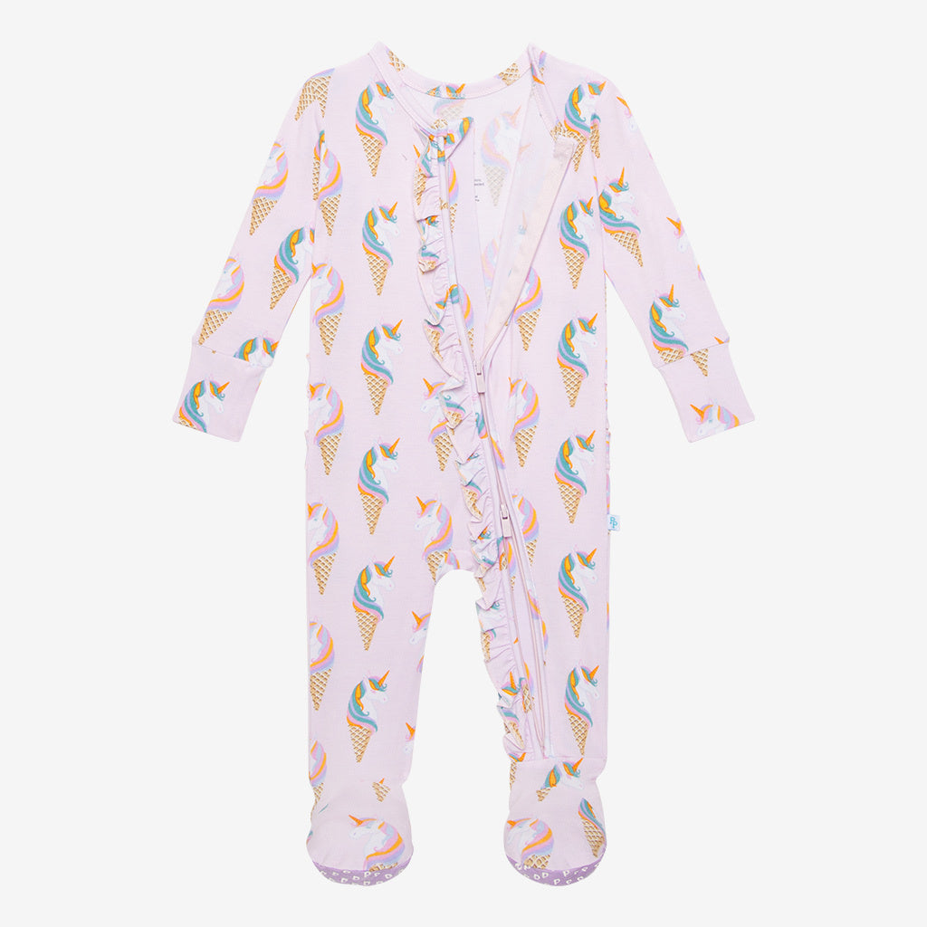 Unicorn Ice Cream Footie Ruffled Zippered One Piece