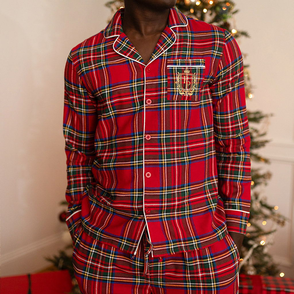 Red Tartan Plaid Men's Flannelette Pajama Set