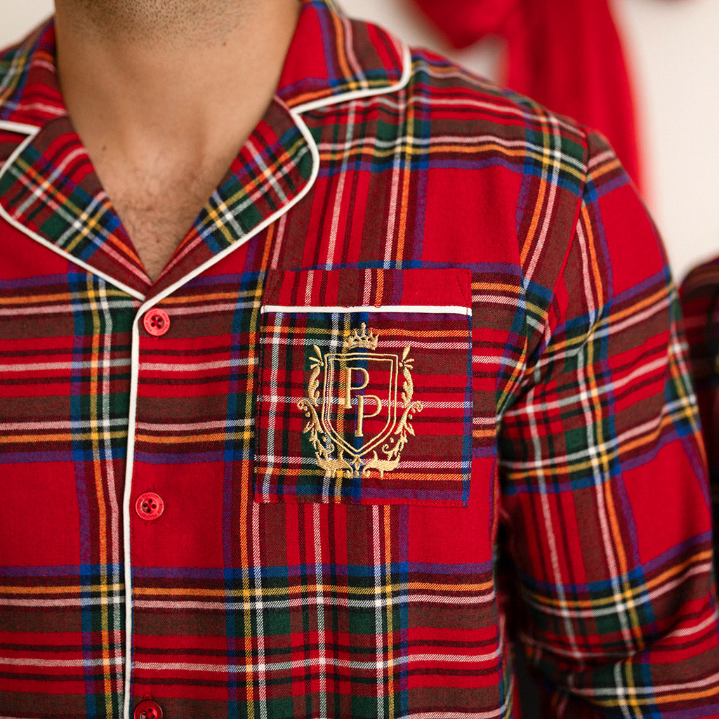 Red Tartan Plaid Men's Flannelette Pajama Set