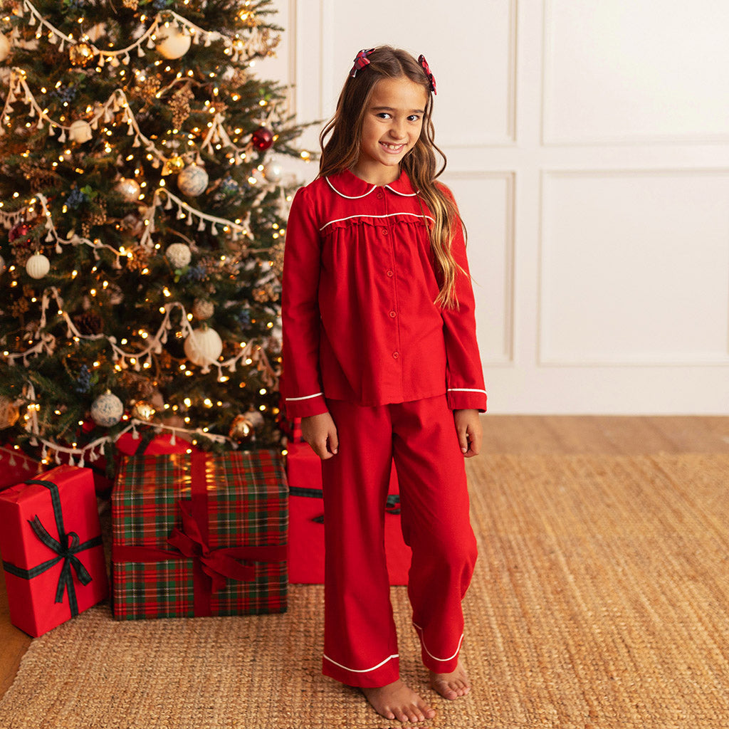 Garnet Red Flannelette Ruffled Pajama Set
