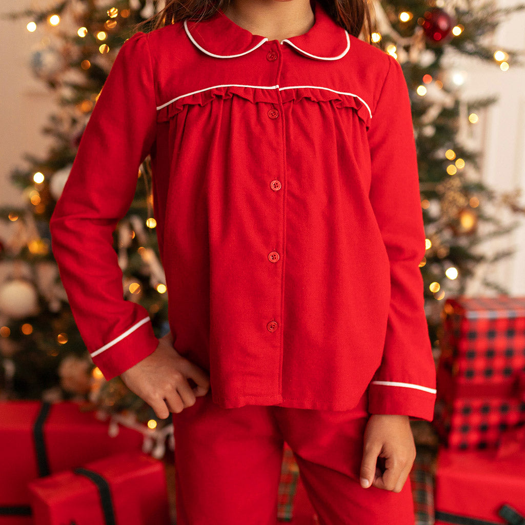 Garnet Red Flannelette Ruffled Pajama Set