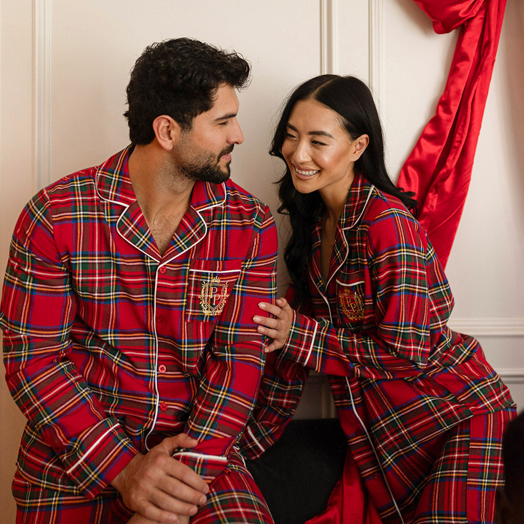 Red Tartan Plaid Men's Flannelette Pajama Set