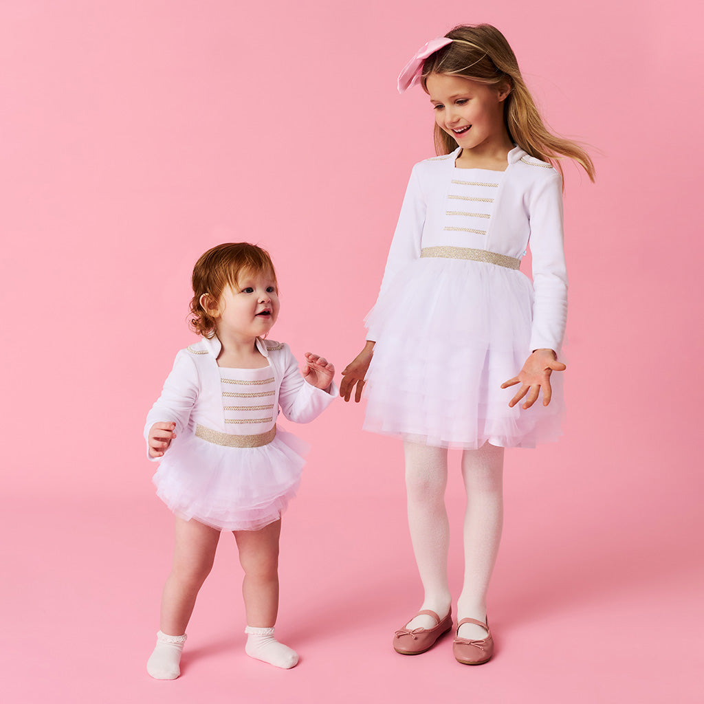 Posh Winter White Nutcracker Velour Tulle Bodysuit Dress