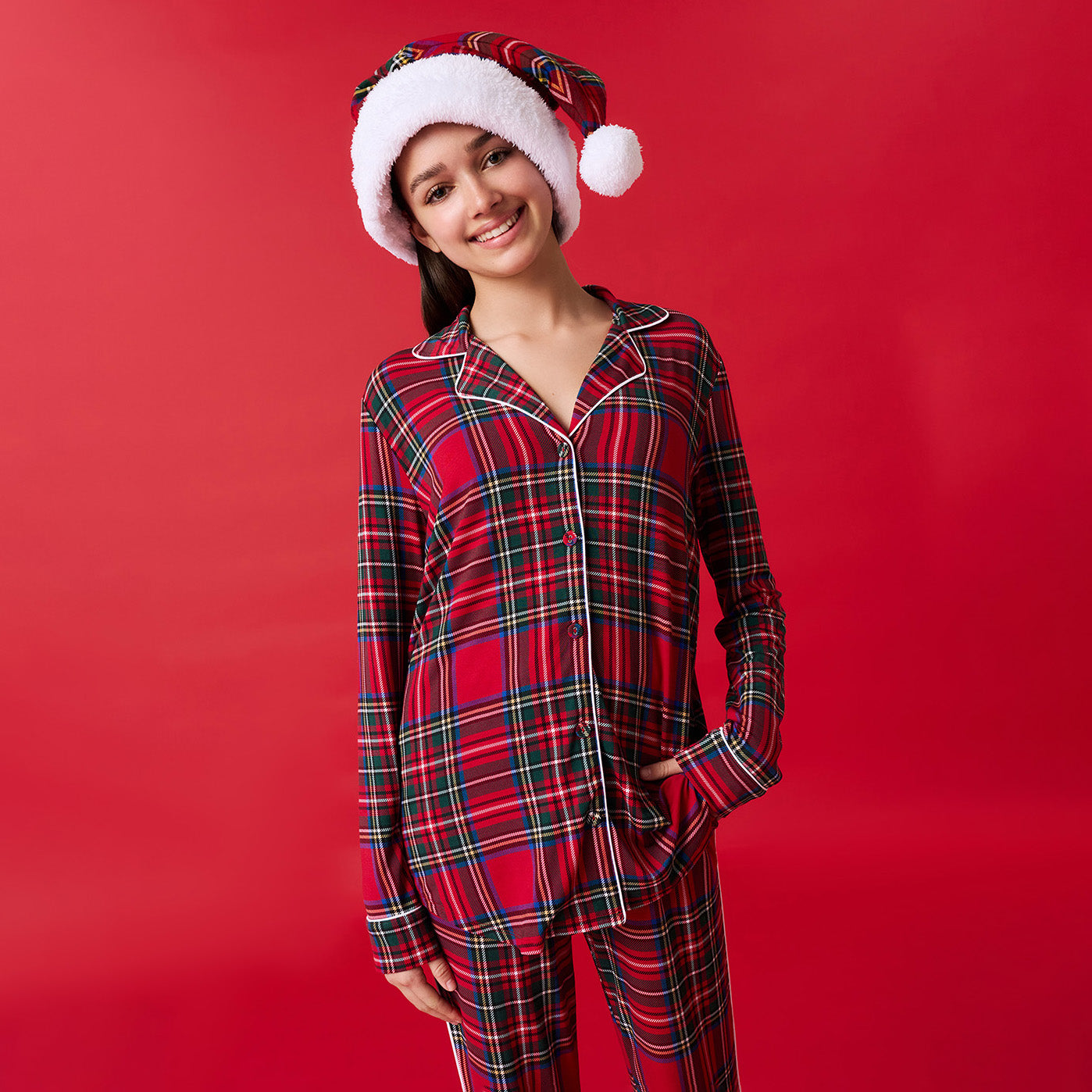 Red Tartan Plaid Kids Flannelette Poshmas Hat