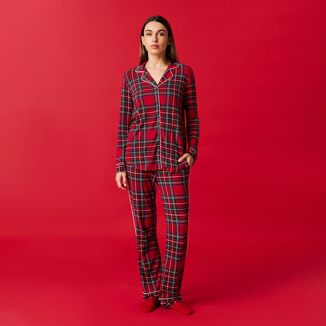 Red Tartan Plaid Women's Relaxed Pant Luxe Loungewear