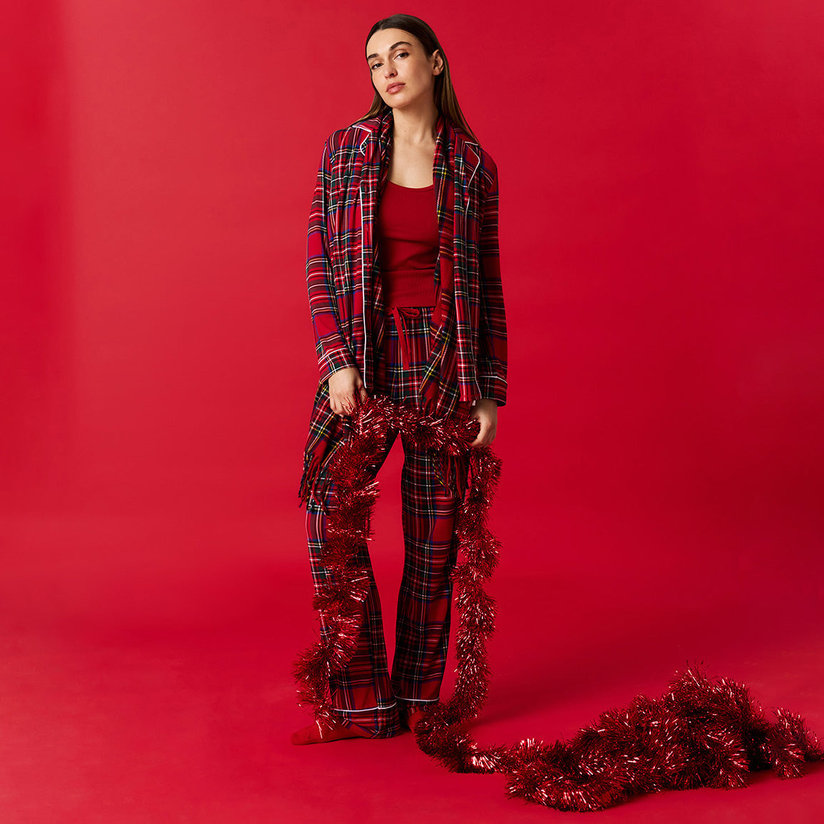 Red Tartan Plaid Women's Relaxed Pant Luxe Loungewear