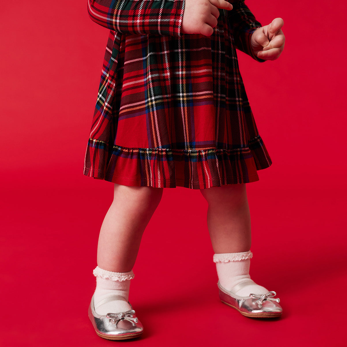 Red Tartan Plaid Ruffled Bodysuit Dress