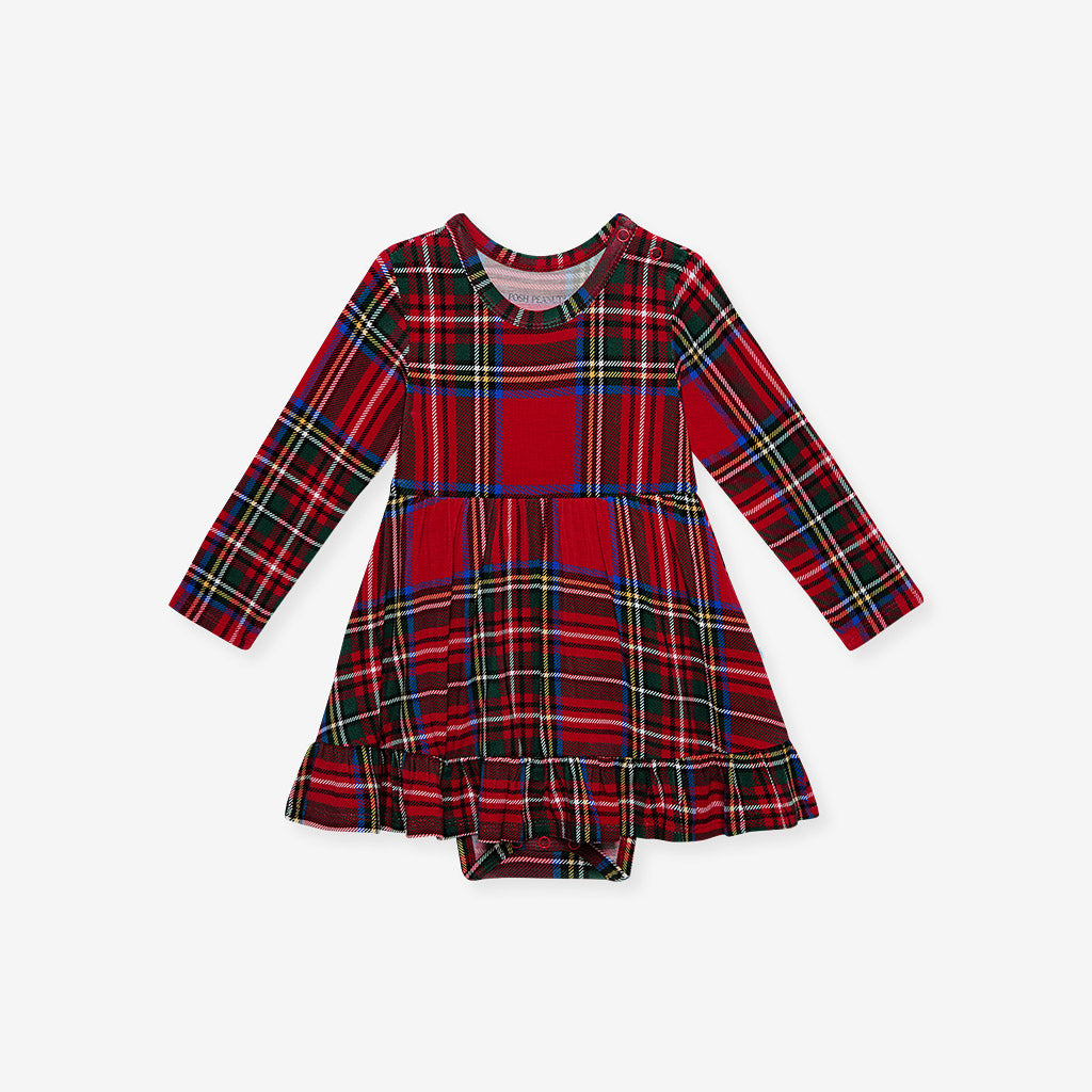Red Tartan Plaid Ruffled Bodysuit Dress