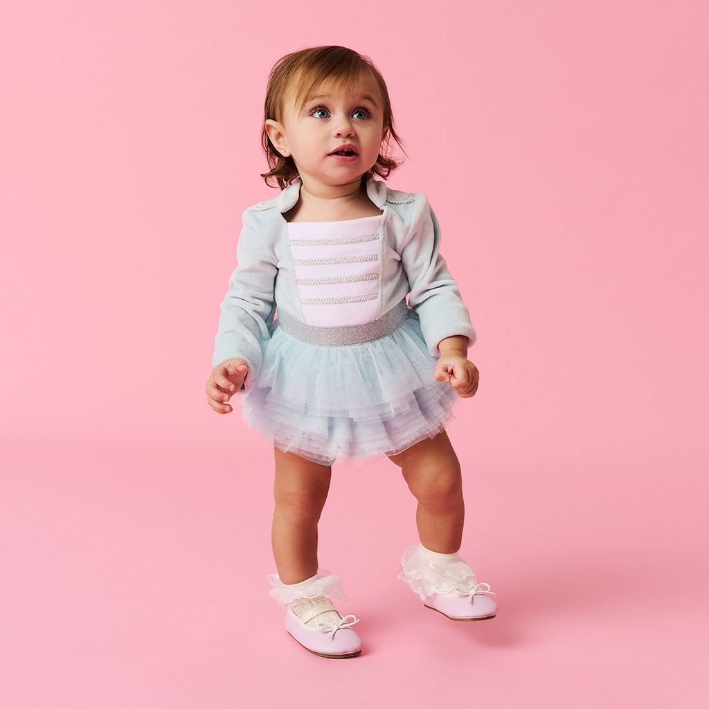 Posh Icy Blue Nutcracker Velour Tulle Bodysuit Dress