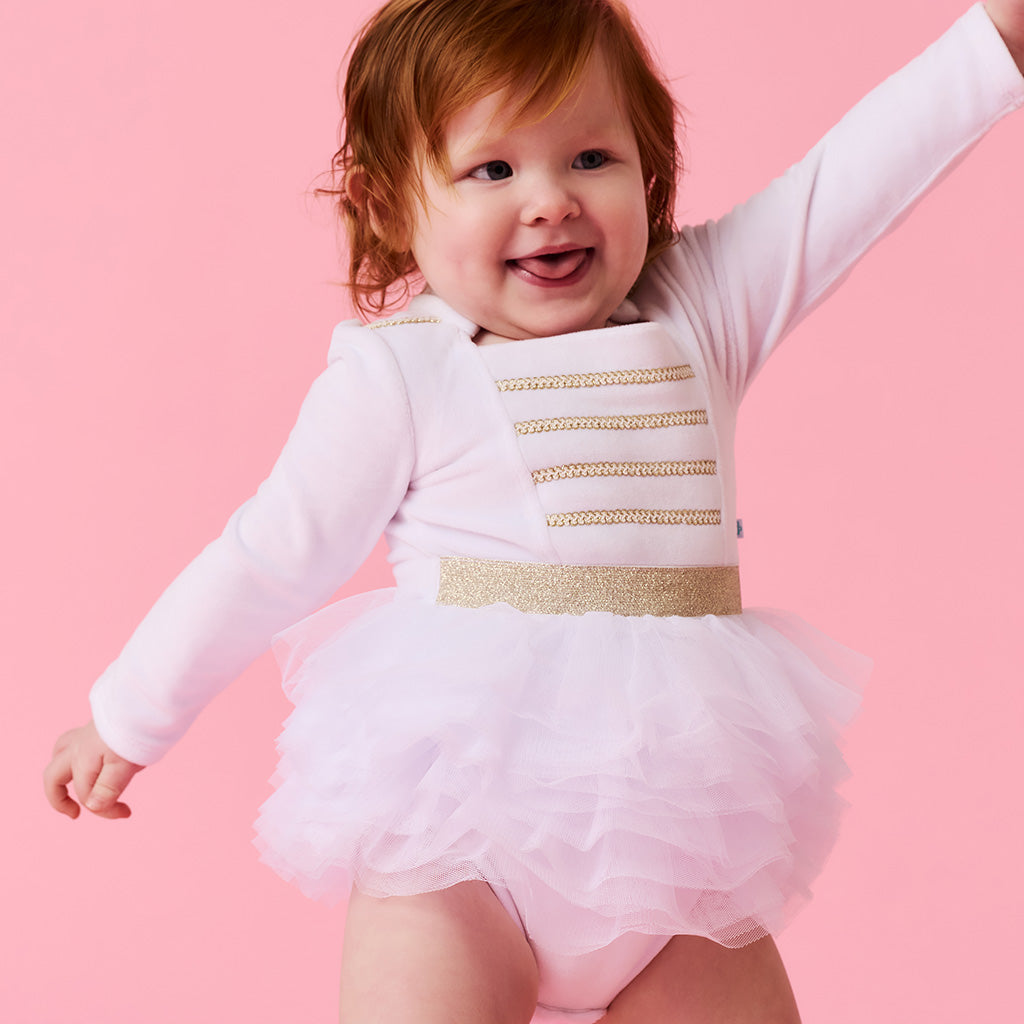 Posh Winter White Nutcracker Velour Tulle Bodysuit Dress