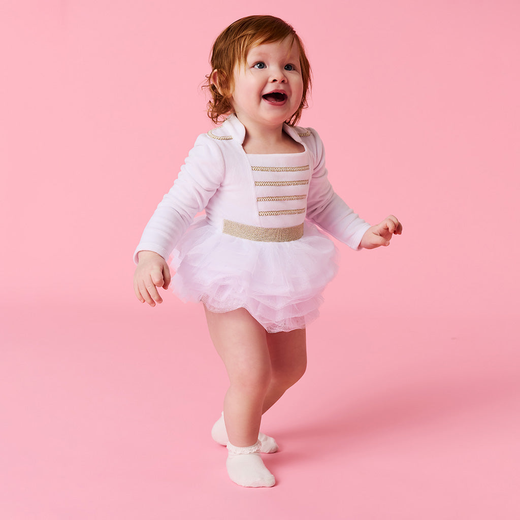 Posh Winter White Nutcracker Velour Tulle Bodysuit Dress