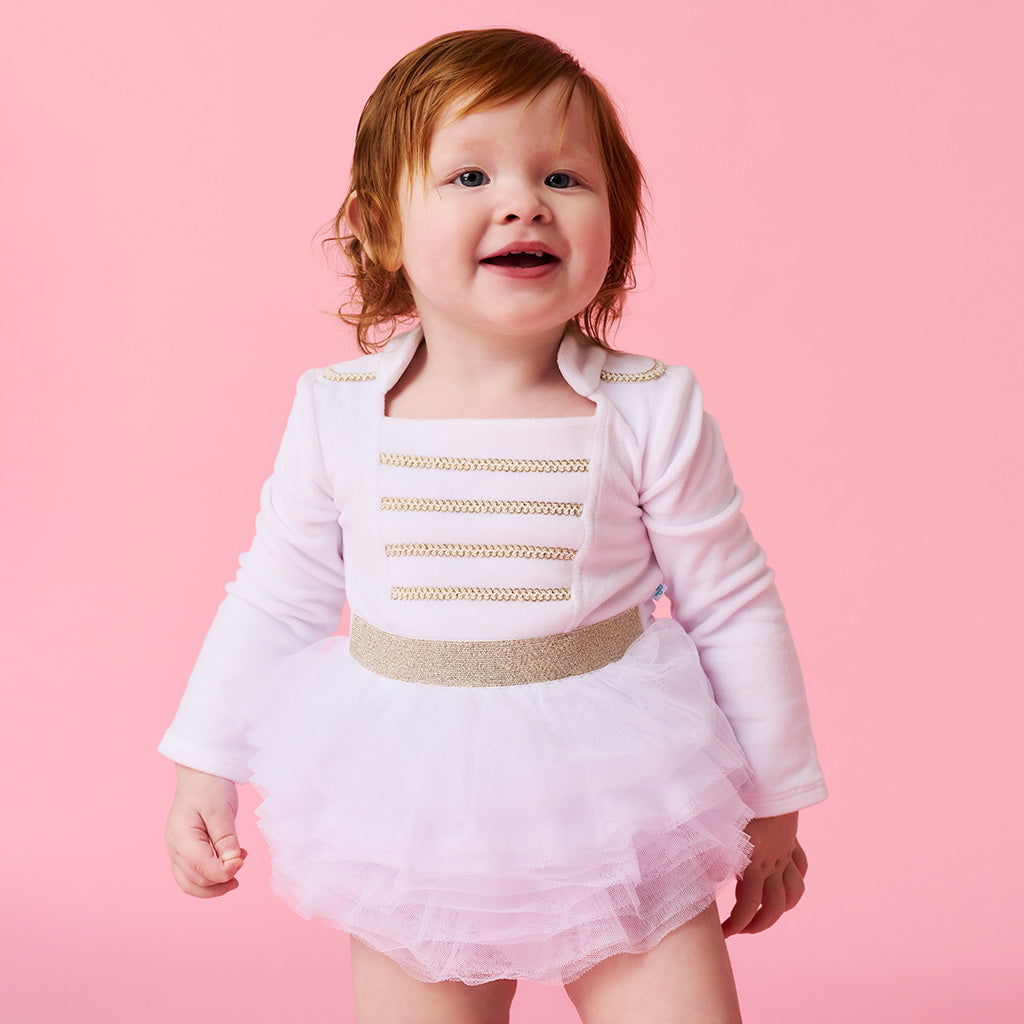 Posh Winter White Nutcracker Velour Tulle Bodysuit Dress