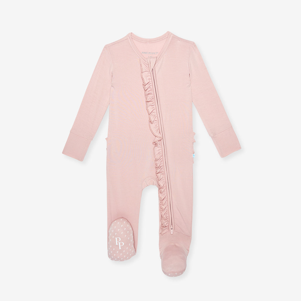 Delaney Blush Footie Ruffled Zippered One Piece
