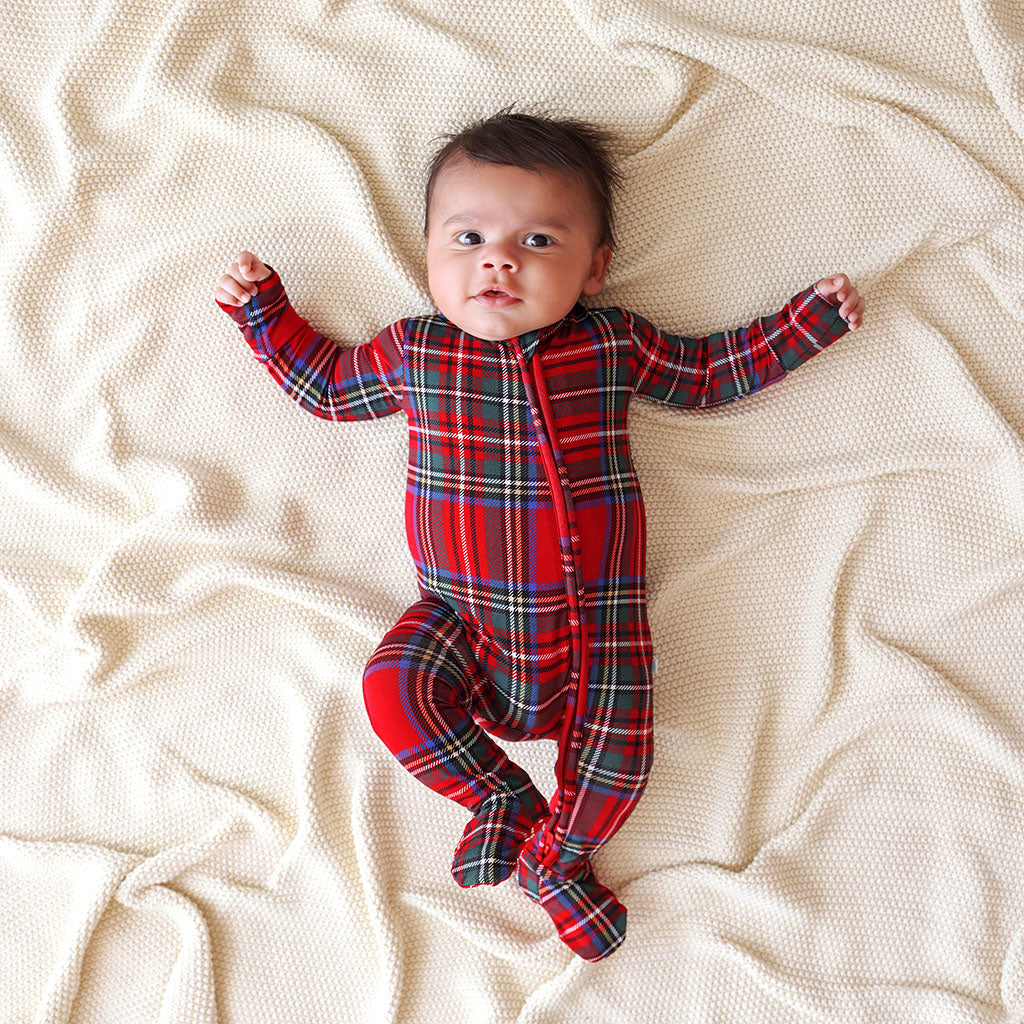 Red Tartan Plaid Footie Zippered One Piece