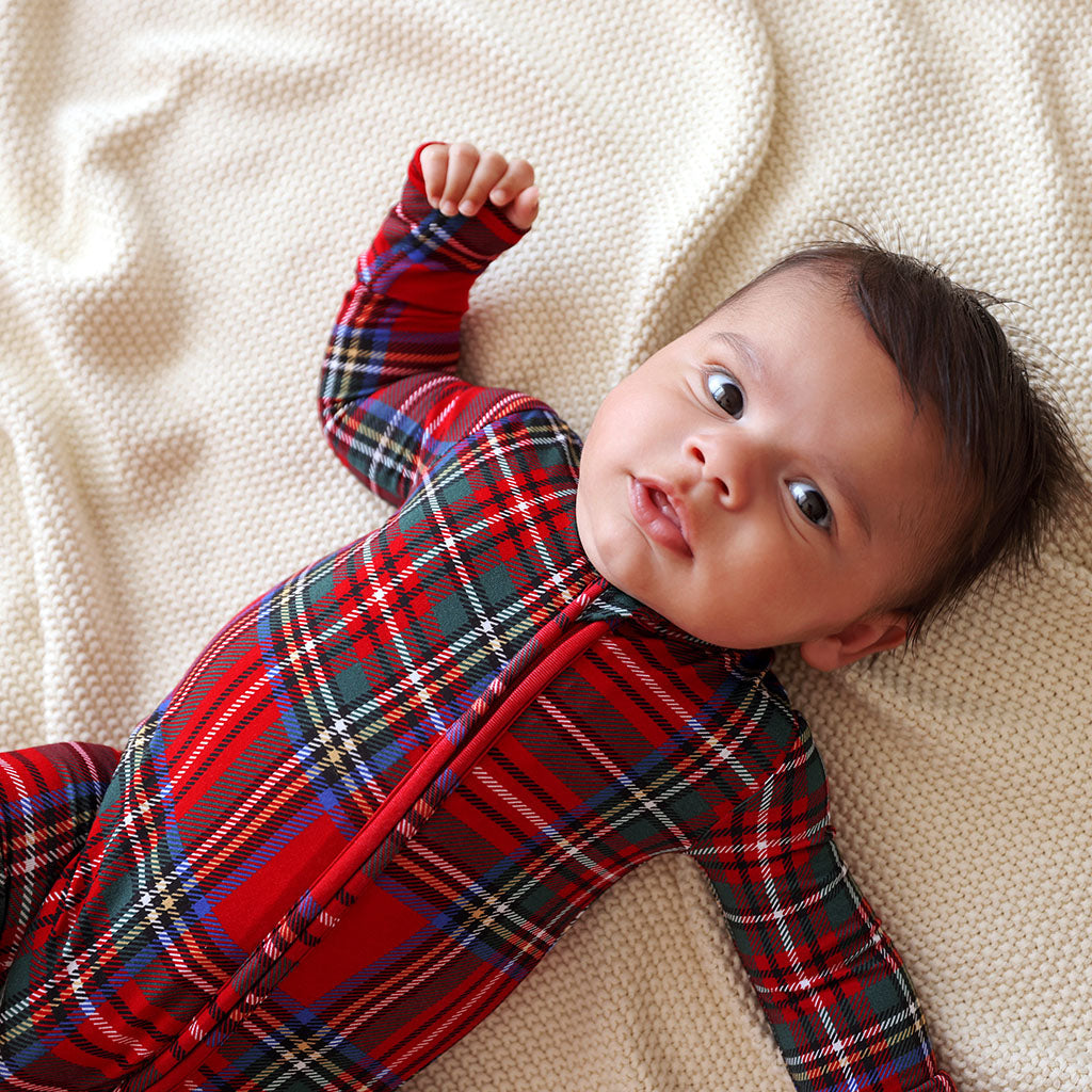 Red Tartan Plaid Footie Zippered One Piece