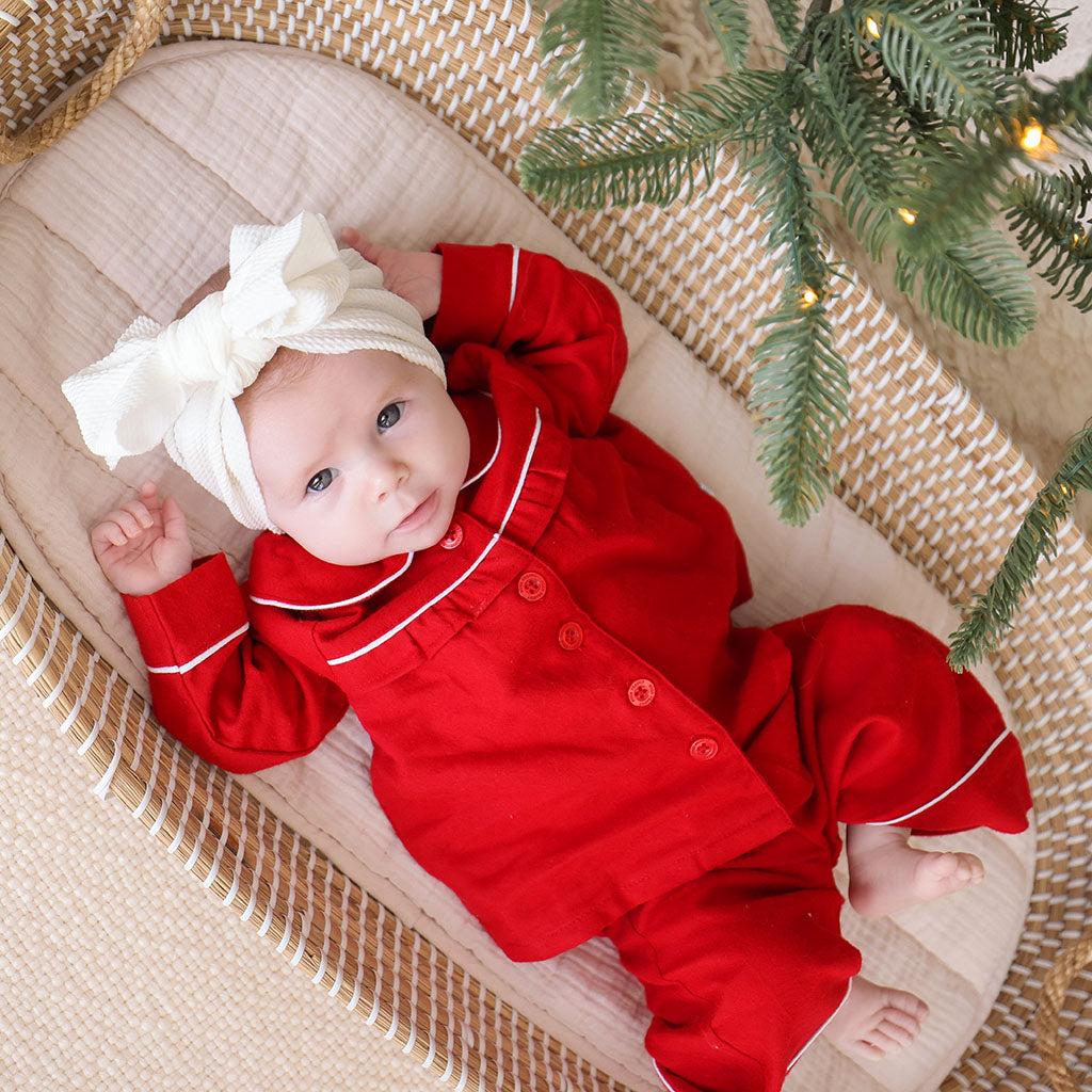 Garnet Red Flannelette Ruffled Pajama Set