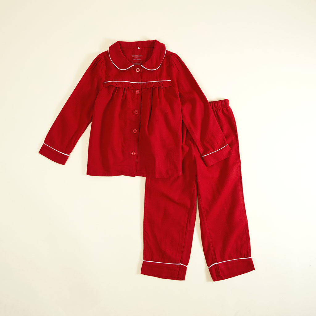 Garnet Red Flannelette Ruffled Pajama Set