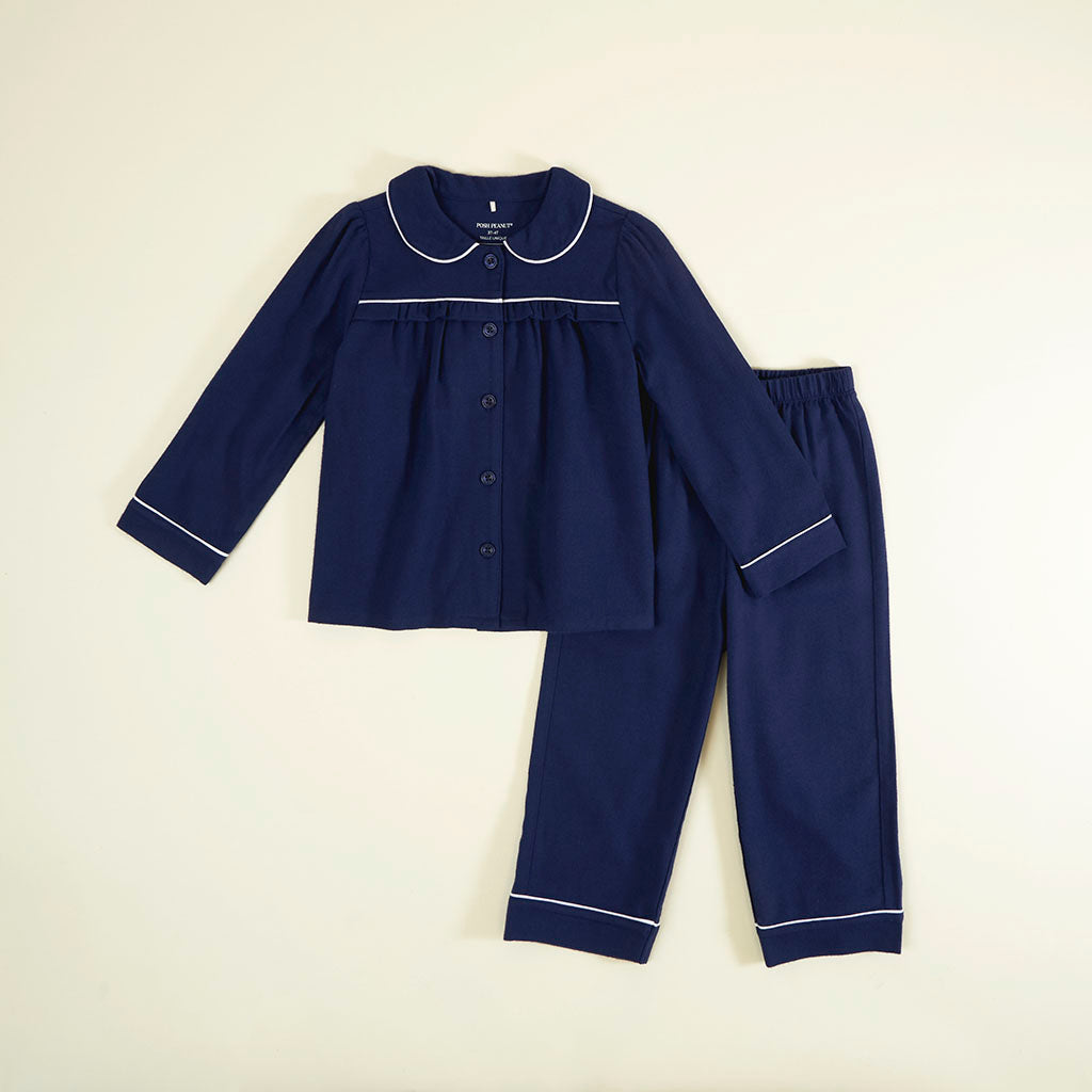 Navy Flannelette Ruffled Pajama Set